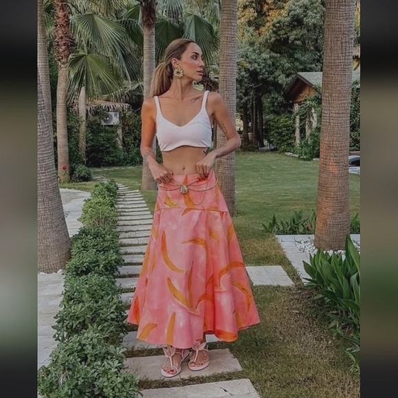 ZARA ZW COLLECTION PRINTED MID-WAIST ASYMMETRIC MIDI SKIRT 🧡💛💗 - Picture 3 of 12